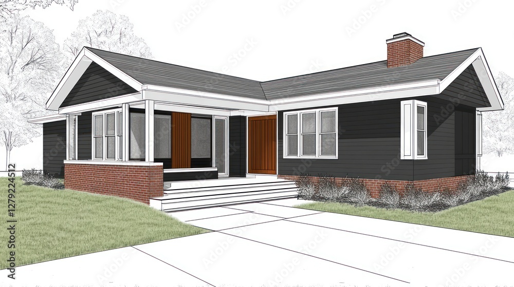 Modern Ranch House Architectural Design Rendering Modern Ranch House Architectural Design Rendering