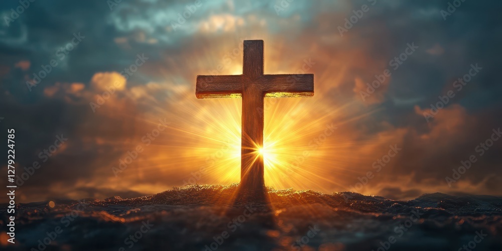 Cross illuminated by a radiant sunset against a dramatic sky highlighting faith and spirituality Cross illuminated by a radiant sunset against a dramatic sky highlighting faith and spirituality
