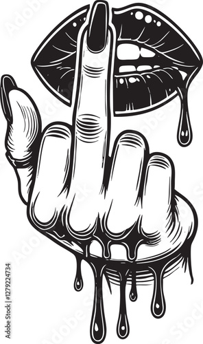  Black and White Vector Illustration of a Hand Giving the Middle Finger with Dripping Lips