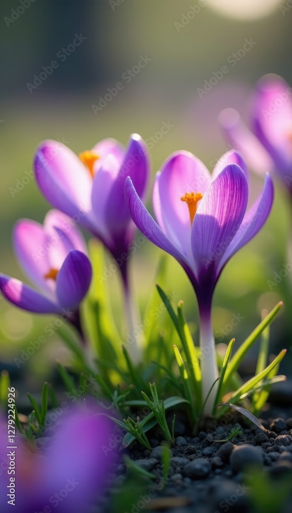 Purple crocus flowers swaying in a gentle wind, landscape, wind Purple crocus flowers swaying in a gentle wind, landscape, wind