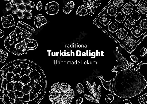 Turkish delight frame. Hand drawn vector illustration. Turkish delight sketch. Traditional rahat lokum. Turkish food. Oriental sweets.