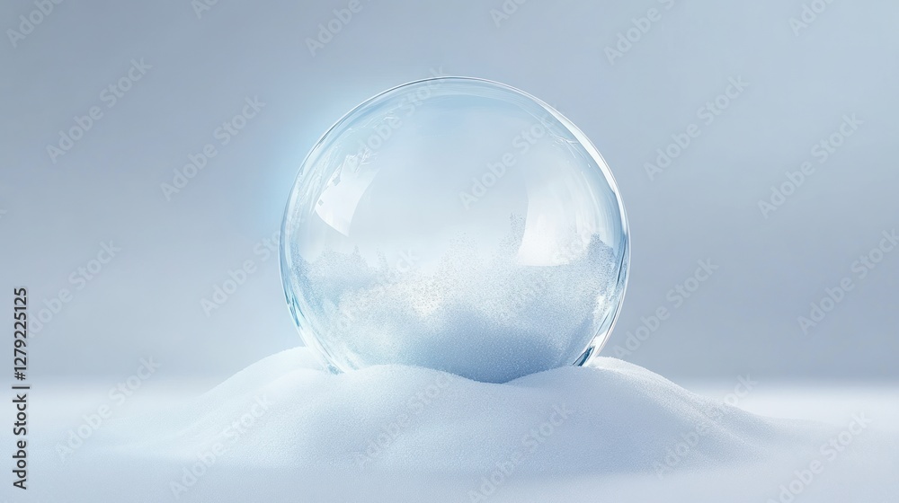 Transparent glass sphere rests on a small snowdrift against a light blue background. Transparent glass sphere rests on a small snowdrift against a light blue background.
