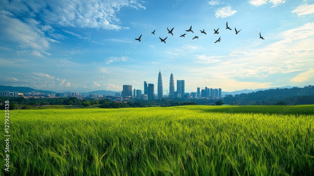 Obraz premium Vibrant Green Field With City Skyline and Birds Flying Against a Bright Blue Sky During the Day in Kuala Lumpur