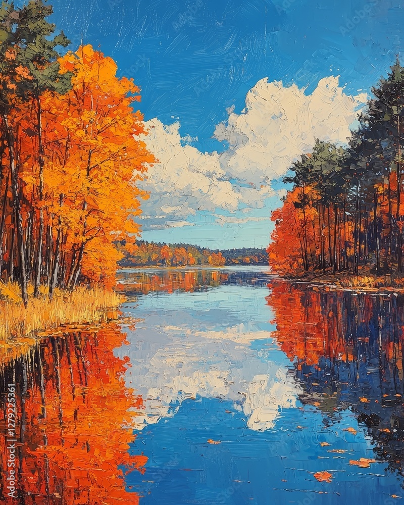 Naklejka premium Autumn reflections on a serene lake nature landscape vibrant colors tranquil environment scenic view