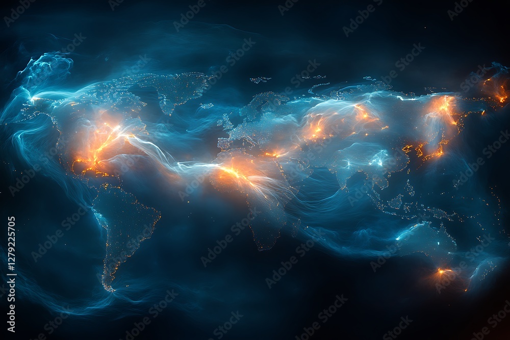 Glowing world map with energy flow. Glowing world map with energy flow.