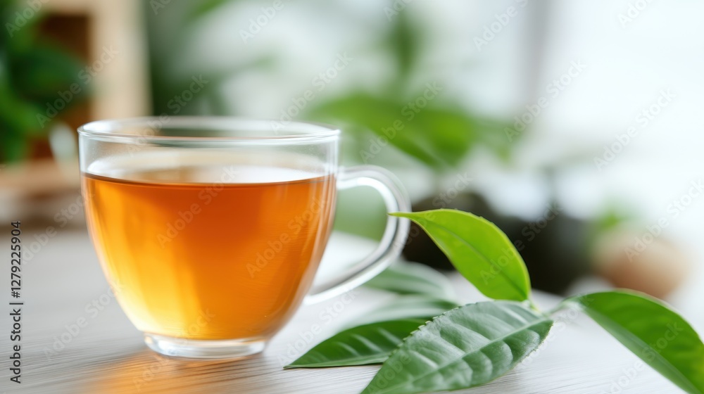 Refreshing green tea in a clear cup amidst vibrant leaves on a wooden table Refreshing green tea in a clear cup amidst vibrant leaves on a wooden table