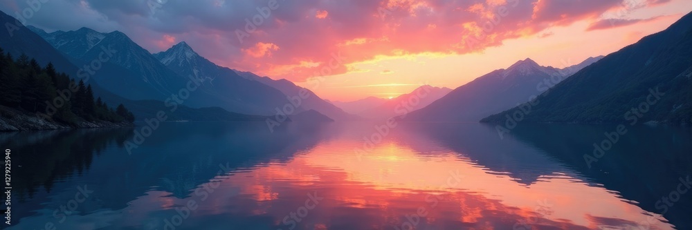 Serene lake waters reflect mountains as sunset fades, serene, tranquility, mountain lake Serene lake waters reflect mountains as sunset fades, serene, tranquility, mountain lake