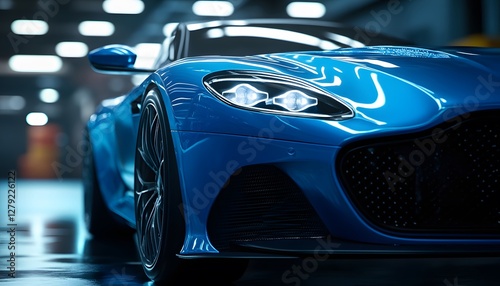 A sleek blue sports car is captured in sharp detail