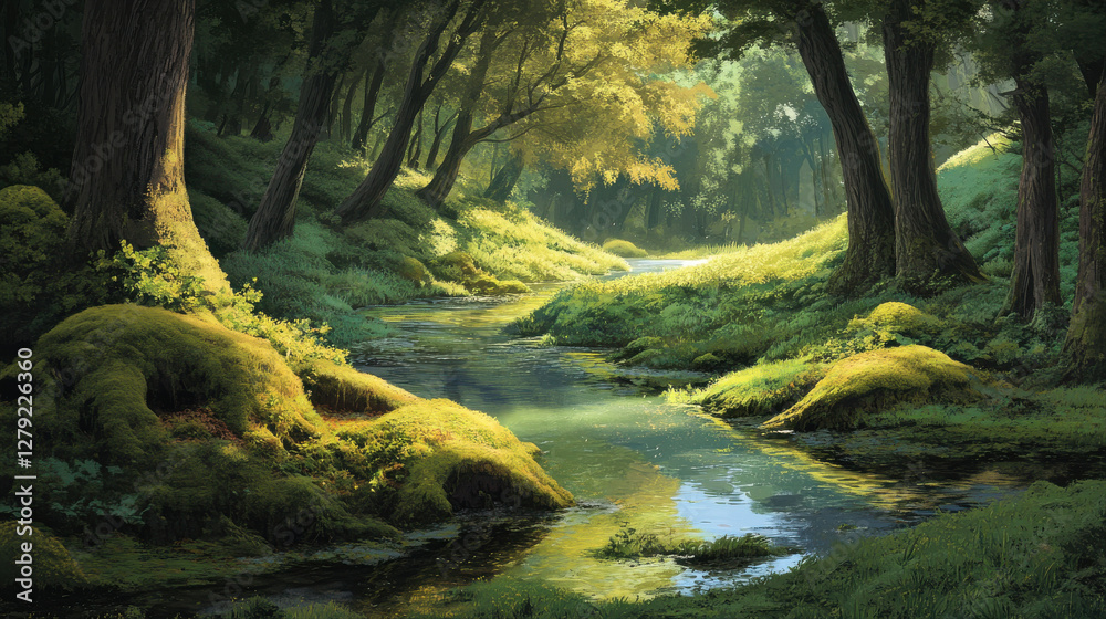 Fototapeta premium tranquil mossy bank along gentle stream in quiet forest, evoking peace and serenity