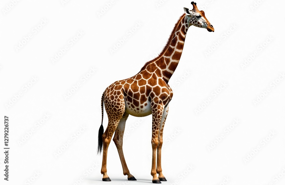 Fototapeta premium Full body shot of giraffe standing tall isolated on white background. Its long legs, neck are highlighted. African mammal with brown spots, wild animal, zoology concepts.