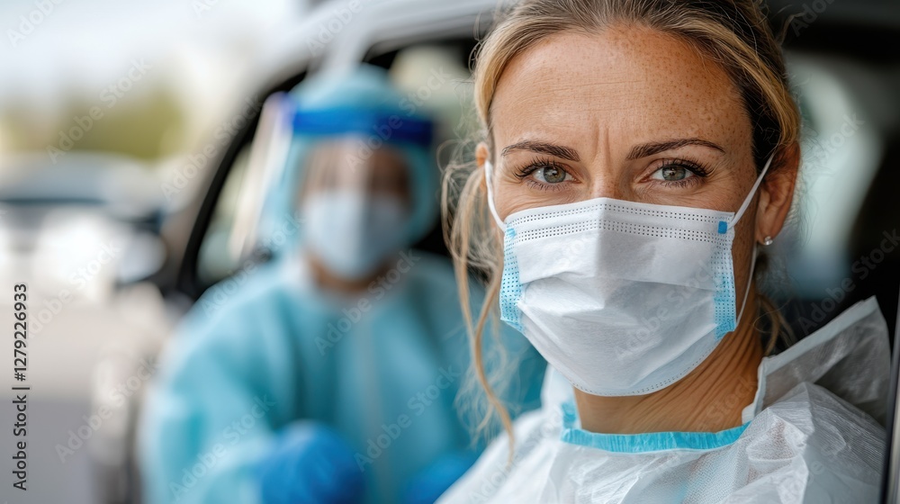 Exhausted female healthcare worker in protective suit on the road Exhausted female healthcare worker in protective suit on the road