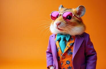 Glam hamster in couture high end suit, pink glasses on orange background. Rodent wears elegant suit, bow tie. Creative fashion animal concept for holiday birthday invite invitation banner.