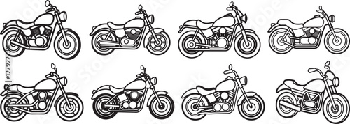 set of motorcycle line art, black outline, vector and illustration, line art and outline