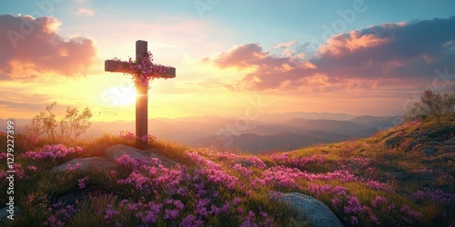 Fototapeta Naklejka Na Ścianę i Meble -  Serenity at dusk with a cross surrounded by vibrant flowers under a colorful sky