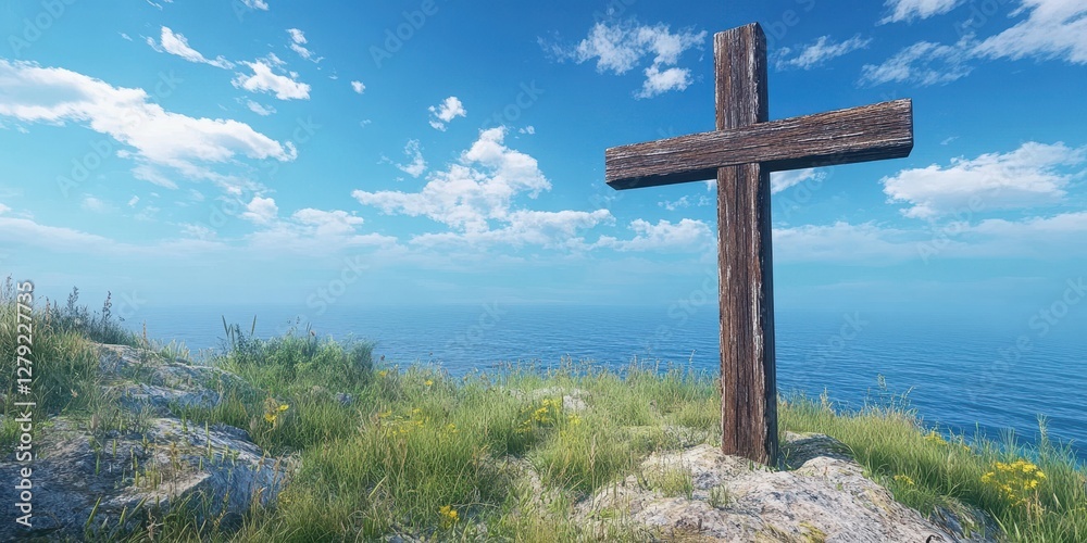 Cross on cliff overlooking serene ocean under bright blue sky with scattered clouds in late afternoon Cross on cliff overlooking serene ocean under bright blue sky with scattered clouds in late afternoon
