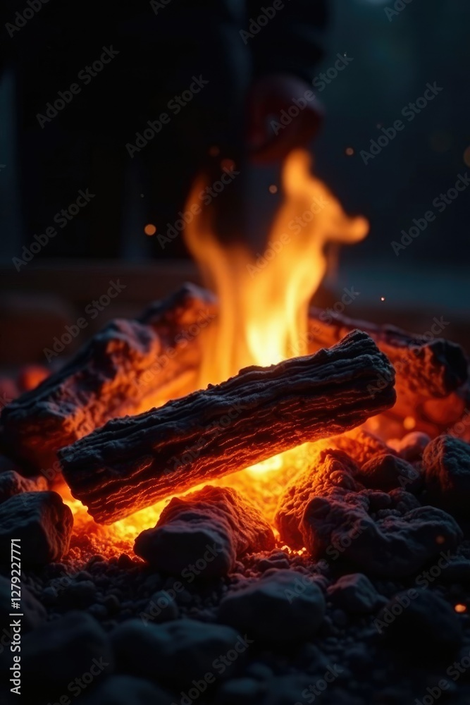 Softly glowing embers cast a warm golden glow, cozy atmosphere, crackling flames, soft focus Softly glowing embers cast a warm golden glow, cozy atmosphere, crackling flames, soft focus