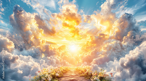 Heavenly path sunrise cloudscape, floral border, spiritual hope
