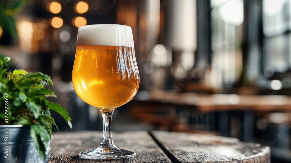 Cold craft light beer served elegantly in a glass on rustic wooden table Cold craft light beer served elegantly in a glass on rustic wooden table