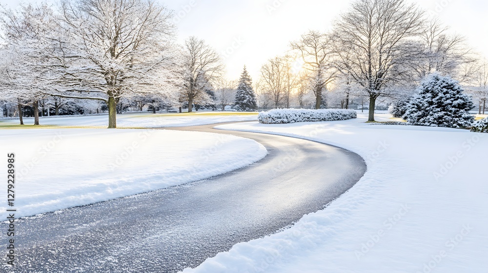 Curving Snowy Path Through a Winter Landscape with Sunlight Shining Through Bare Trees in Background Curving Snowy Path Through a Winter Landscape with Sunlight Shining Through Bare Trees in Background
