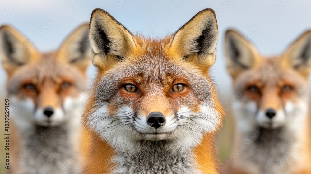 Fototapeta premium Three foxes, one in sharp focus in the center, two blurred on either side, against a blurred background. The central fox appears alert and calm. The