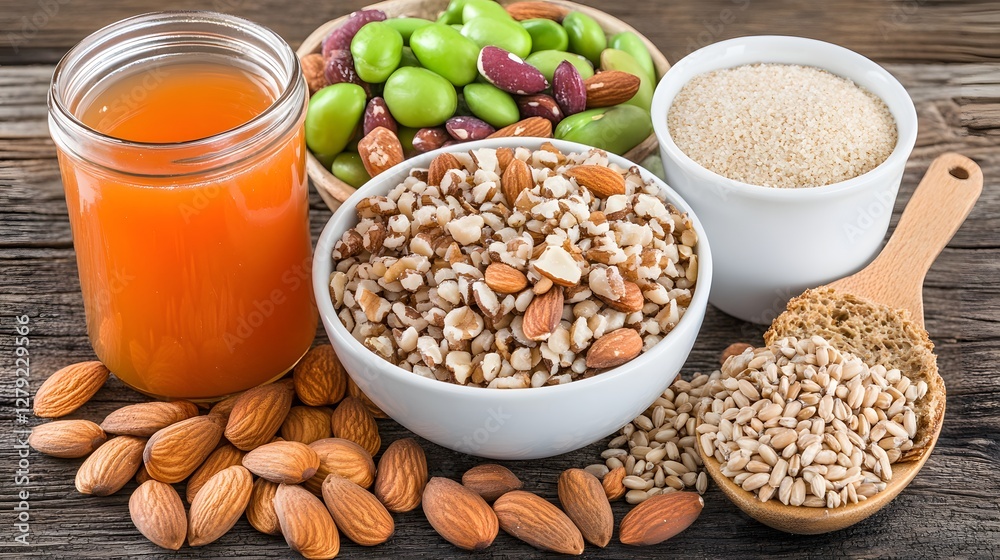 Assortment of Healthy Foods Featuring Nuts Seeds and Juice on Rustic Wood Assortment of Healthy Foods Featuring Nuts Seeds and Juice on Rustic Wood