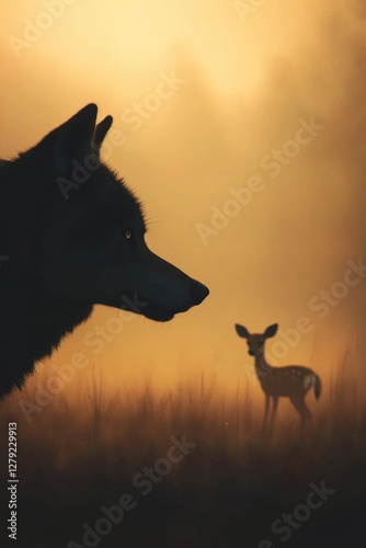 Silhouettes of wolf and deer against misty sunset create dramati photo