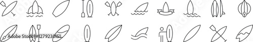 Surfing Board Set of Thin Icons. Editable Stroke. Perfect for Web Sites, Books, Cards, Apps