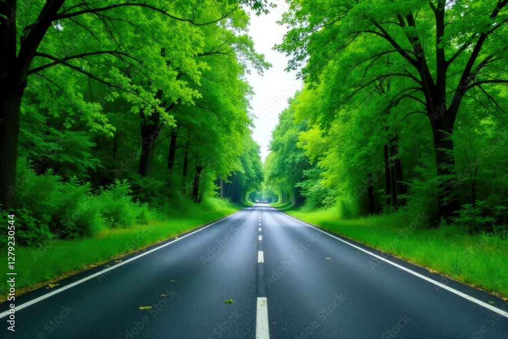 Fototapeta premium Wide empty asphalt road with trees on the side, greenery, solitude