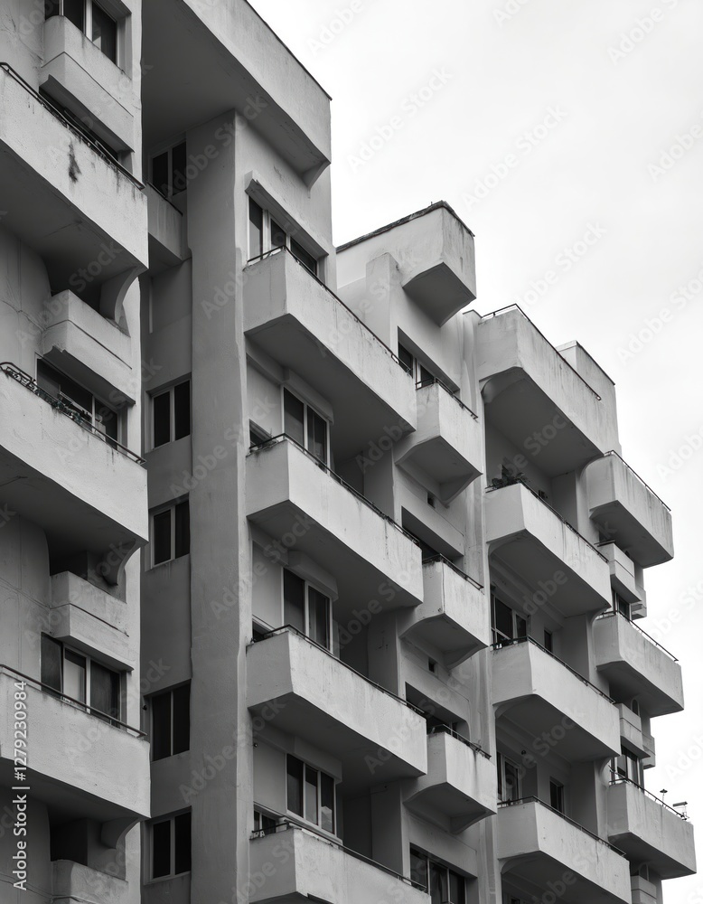 Monochrome geometric pattern of apartment balconies. Abstract urban architecture on building facade with symmetry, repetition. Residential construction shows design, city housing structure with Monochrome geometric pattern of apartment balconies. Abstract urban architecture on building facade with symmetry, repetition. Residential construction shows design, city housing structure with