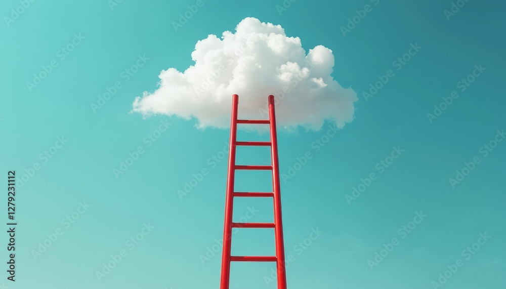 Red ladder leads to white cloud in blue sky. Aspiration, achieving goals, imagination, surrealism, creativity, minimalism. Concept of reaching for dreams, minimalist art, abstract imagery, liberty. Red ladder leads to white cloud in blue sky. Aspiration, achieving goals, imagination, surrealism, creativity, minimalism. Concept of reaching for dreams, minimalist art, abstract imagery, liberty.