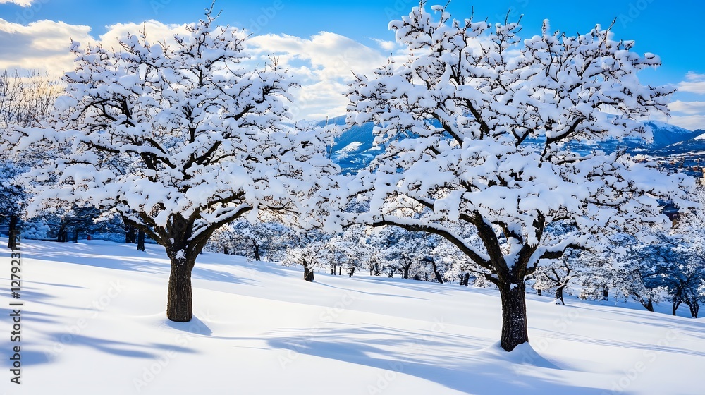 Snow Covered Trees in a Tranquil Winter Landscape with Blue Sky and Mountain Backdrop
