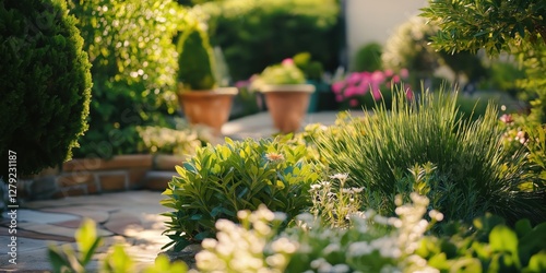 Sunlit garden path, vibrant greens and blossoms.