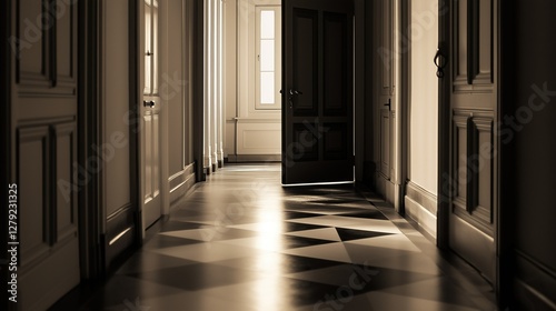 Minimalist representation of a grand hotel entrance, clean lines, soft natural light
