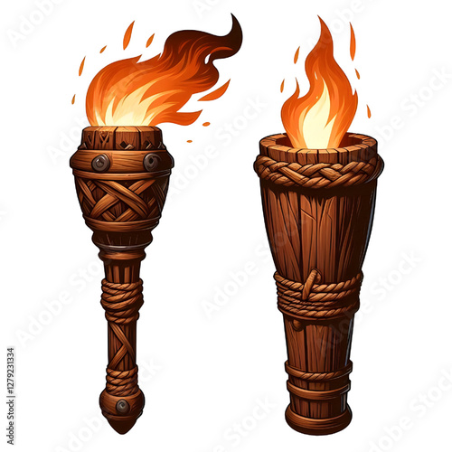 Illustration of a wooden torch fire medieval isolated on white background
