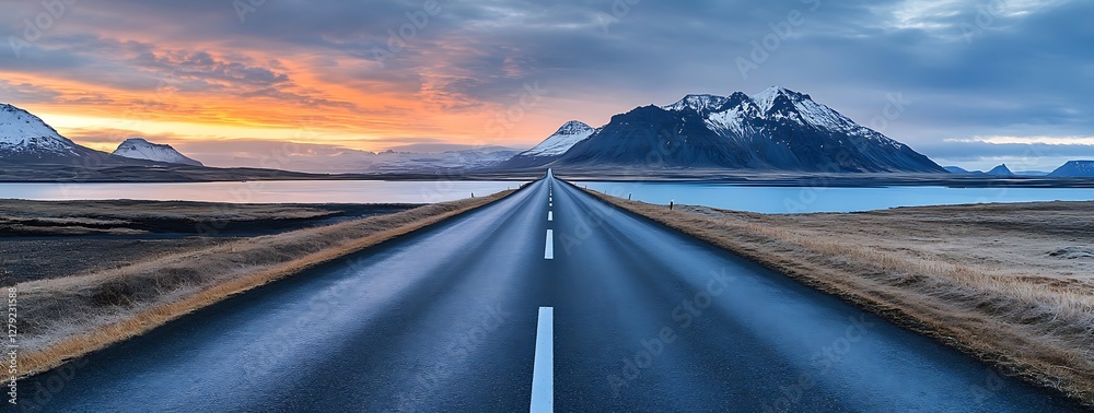 Obraz premium Road to the Mountains at Sunset A Scenic View of a Long Straight Road Leading to Snow-Capped Mountains at Twilight with a Colorful Sky