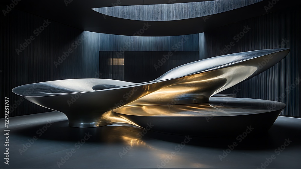 Modern abstract sculpture, dark interior, architectural design, showcasing smooth forms, elegant, for high-end products catalog, or advertising Modern abstract sculpture, dark interior, architectural design, showcasing smooth forms, elegant, for high-end products catalog, or advertising