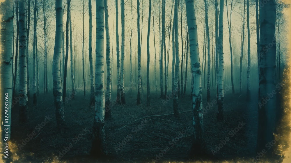 Naklejka premium Enigmatic birch forest shrouded in mist, ethereal teal tones.
