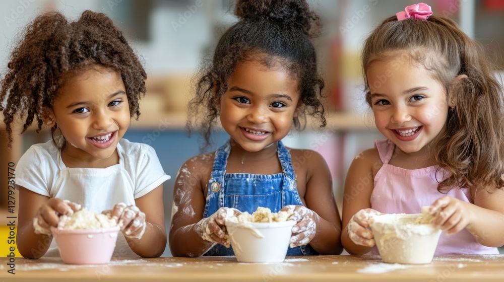 Three adorable diverse little girls joyfully engaging in a baking activity, covered in flour, showcasing childhood fun and creativity. Three adorable diverse little girls joyfully engaging in a baking activity, covered in flour, showcasing childhood fun and creativity.