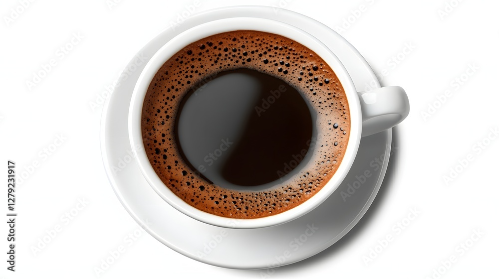 Aerial View of Dark Brewed Coffee Cup on White Saucer in Plain Background Aerial View of Dark Brewed Coffee Cup on White Saucer in Plain Background