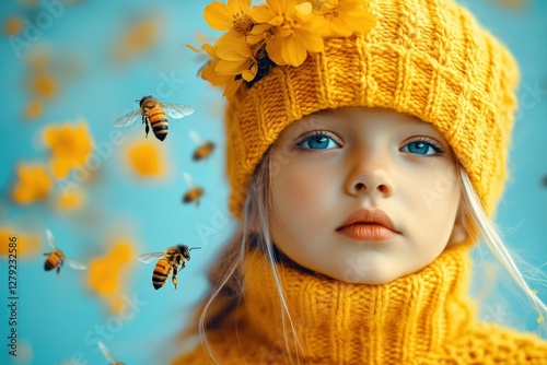 Obraz na płótnie Mädchen mit gelber Strickmütze und Bienen – Girl with yellow knitted hat and bees w salonie