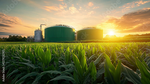 Green Industrial Tanks and Crops with a Beautiful Sunset Overhead