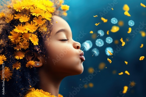 Mädchen mit Blumen im Haar pustet Pusteblumen in die Luft, Girl with flowers in hair blowing dandelions into the air