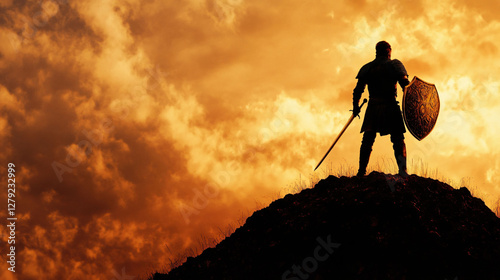 A lone knight standing on a mountain with armor and weapon