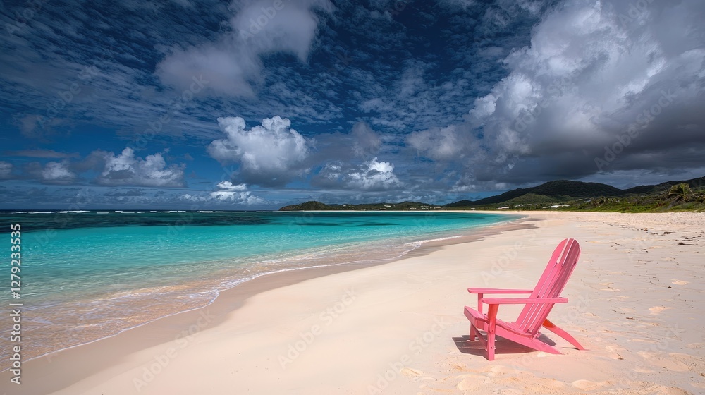Pink Adirondack chair on pristine beach, turquoise water, dramatic sky. Possible use Stock photo for travel/vacation brochures or websites Pink Adirondack chair on pristine beach, turquoise water, dramatic sky. Possible use Stock photo for travel/vacation brochures or websites