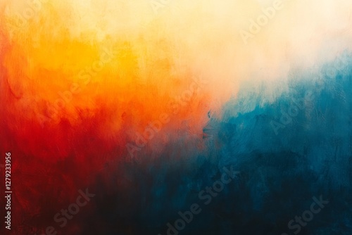 A painting of a red, yellow, and blue background.  Abstract gradient background, with orange and navy blue hues, a grainy film texture