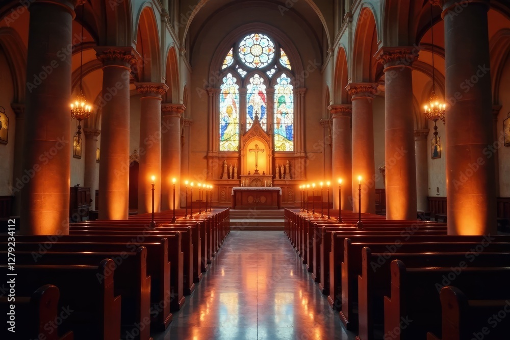 Fototapeta premium Encended veladoras en una iglesia con altares, church, fe, devotion