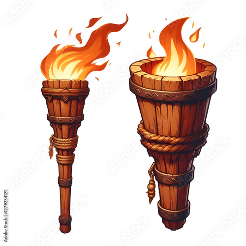 Illustration of a wooden torch fire medieval isolated on white background