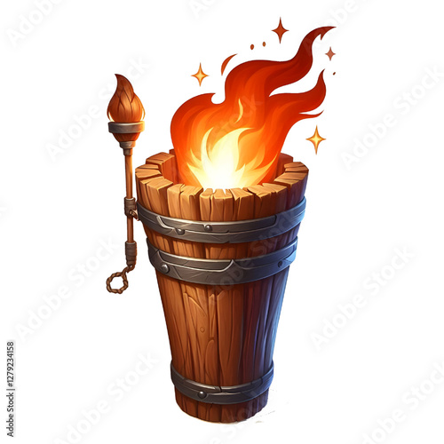Illustration of a wooden torch fire medieval isolated on white background