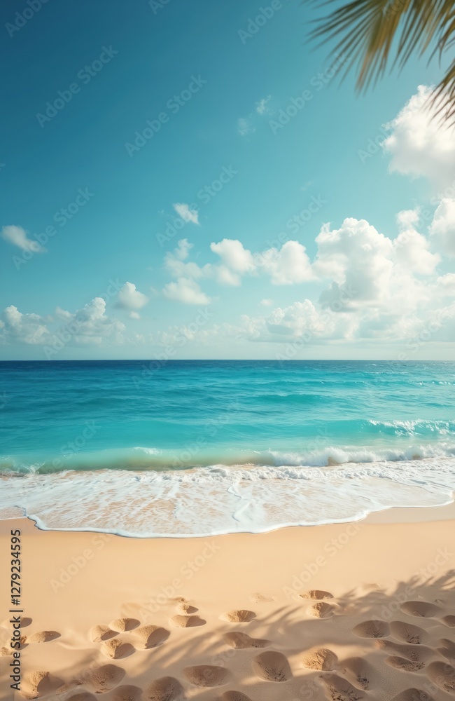 Sandy beach meets blue sea under clear sky with palm tree shadow. Footprints in sand. Summer vacation backdrop with scenic shoreline, turquoise water, calm waves. Tropical paradise for travel, Sandy beach meets blue sea under clear sky with palm tree shadow. Footprints in sand. Summer vacation backdrop with scenic shoreline, turquoise water, calm waves. Tropical paradise for travel,