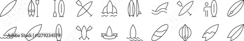 Surfing Board Icon Set for UI, Placards, Books, Apps. Editable Stroke. Perfect for Web Sites, Books, Cards, Apps